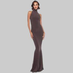 NORMA KAMALI Halter Turtle Fishtail Gown 4-Way Stretch Womens Sz M/38 Chocolate